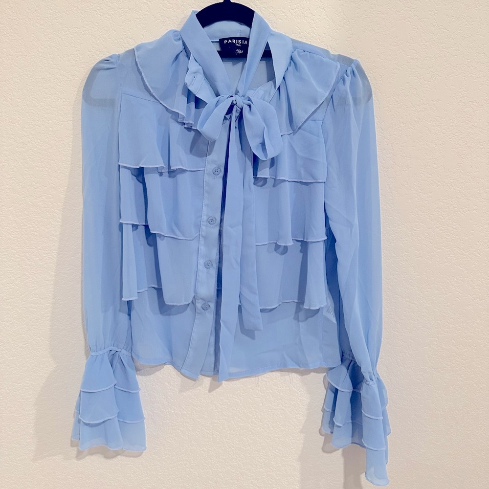 Blue Blouse Tie Neck